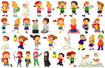 Obraz na płótnie Canvas Children doing different activities cartoon character set on white background