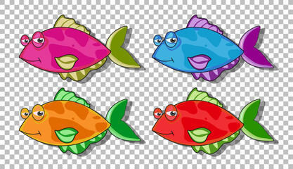 Set of many funny fishes cartoon character isolated on transparent background
