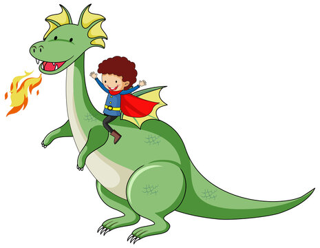 Simple cartoon character of dragon breathing fire and the hero boy