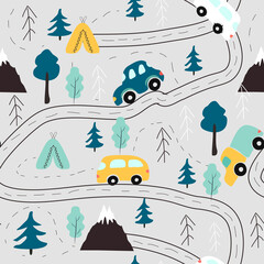 cute vector seamless pattern with childrens drawing - road with cars, mountains, trees. flat illustration in scandinavian style for printing on clothing, fabric, wrapping paper