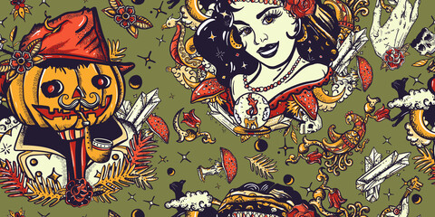 Halloween seamless pattern. Old school tattoo. Gothic fairy tale background. Traditional tattooing style. Witch woman, gypsy, crystal ball, Jack O' Lantern, occult hands and black cats