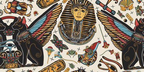 Ancient Egypt. Golden king pharaoh, two winged black cats, sacred eye of god Horus. Egyptian art. Tutankhamen. Seamless pattern