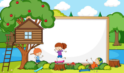 Blank banner in the forest scene with fairy tales cartoon character and elements
