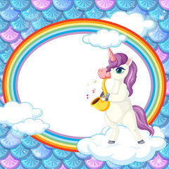 Rainbow oval banner with unicorn cartoon character on rainbow fish scales background