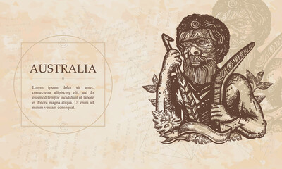 Australia. Australian ethnic tribe aboriginal man. Ancient warrior. Boomerang. Tradition, people, culture. Renaissance background. Medieval manuscript, engraving art