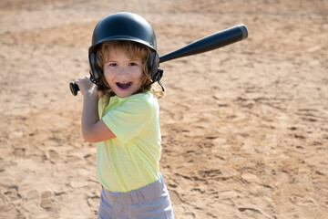 Portrait of excited amazed baseball player kid child wearing helmet and hold baseball bat.