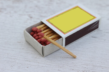 Matches with Paper box, on wooden background