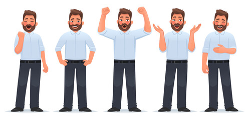 Obraz premium Set of character happy man. The businessman demonstrates the emotions of happiness and joy, victory and success