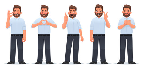 Set of positive and approving gestures. Happy man shows a gesture of gratitude, okay, cool, heart and victory.