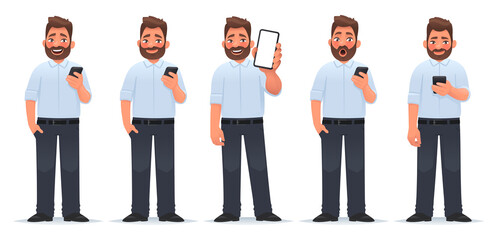 Obraz premium Set of character of a man with a smartphone. A businessman with various emotions uses a gadget, shows the screen