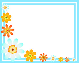 Vector frame with orange and light blue chamomile flowers 