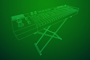 Piano roll analog synthesizer faders buttons knobs. Wireframe low poly mesh vector illustration.