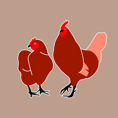 Brown rooster and hen. Hand-drawn trendy color vector illustration. Cartoon style. Isolated flat design.
