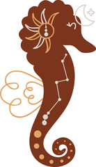 Vector illustration with mystical, celestial brown sea horse in boho style, decorated stars, moons, constallation
