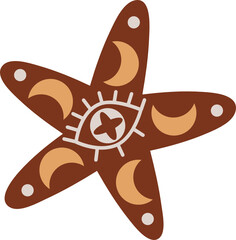 Vector illustration with mystical, celestial beige sea star in boho style, decorated moons