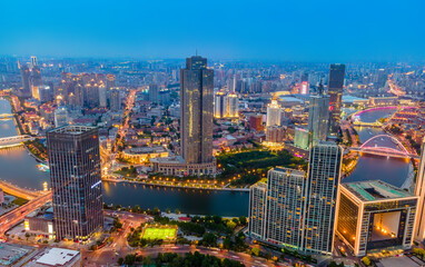 Naklejka na ściany i meble Aerial photography of Tianjin city scenery at night