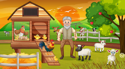 Farm at sunset time scene with old farmer man and farm animals