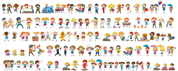 Ensemble de différents personnages de dessins animés pour enfants doodle