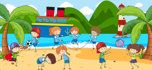 Beach scene with many kids doodle cartoon character