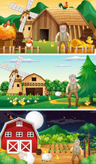 Different farm scenes with old farmer and animal cartoon character