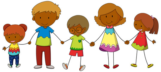 Three kids holding hands cartoon character hand drawn doodle style isolated