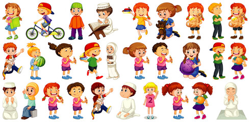 Children doing different activities cartoon character set on white background