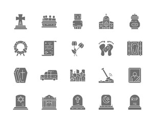 Set of Funeral Gray Icons. Church, Crypt, Testament, Coffin, Hearse and more.