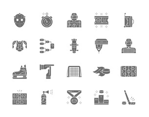 Set of Hockey Gray Icons. Puck, Stopwatch, Ticket, Referee, Pedestal and more.