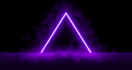 Neon laser vibrant triangle with sparks, haze, and laser grid on starry space background. Purple vivid triangular portal. Cyberspace. RetroFuturistic background design. - obrazy, fototapety, plakaty