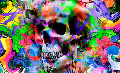 skull with colorful creative abstract elements on light background, close view 