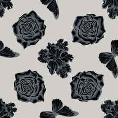 Seamless pattern with hand drawn stylized iris japonica, blue morpho, roses