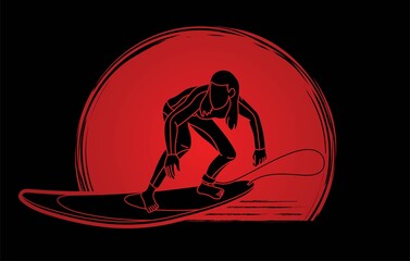 Woman Surfer Surfing Sport Action Cartoon Graphic Vector