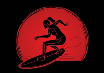 Woman Surfer Surfing Sport Action Cartoon Graphic Vector