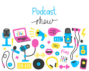 Podcasts set, various microphones, a laptop, sound images.