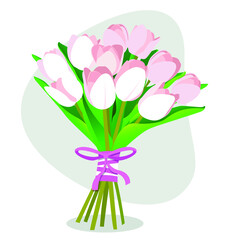 Bouquet of beautiful pink tulips tied with pink ribbon on white background. Flowers for birthday greetings, wedding day. Gift flowers for the beloved. Stock vector illustration