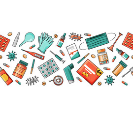 Medicines, pills, mask, glove and thermometer in the style of kartun. Seamless border of medical elements on a white background. Vector illustration