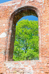 Detail with window of brick wall of ruins of a 14th century gothic church in Steblewo in Poland.