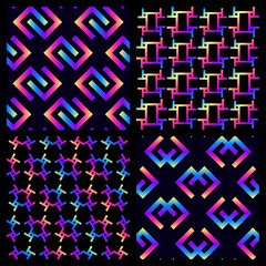 Set of 4 abstract seamless patterns. Neon rainbow-colored gradient elements vector wallpaper. 