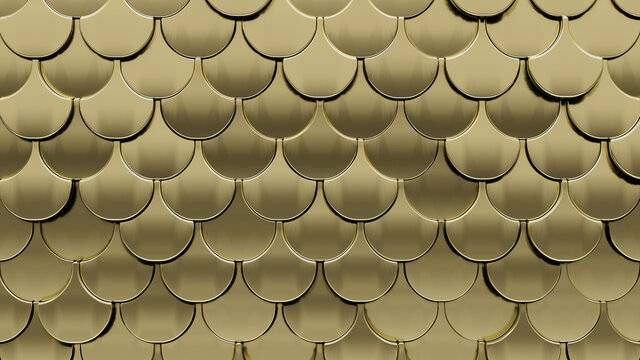 3D Tiles arranged to create a Glossy wall. Gold, Luxurious Background formed from Fish Scale blocks. 3D Render
