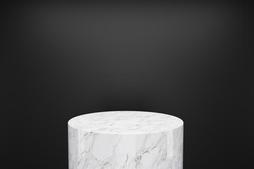 White marble cylinder Product Stand with black background. 3D Rendering
