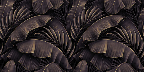 Tropical exotic seamless pattern with golden burgundy banana leaves, palm on night dark background. Premium hand-drawn textured vintage 3D illustration. Good for luxury wallpapers, fabric printing - 433893563
