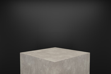 Grey square venetian plaster Product Stand with black background. 3D Rendering