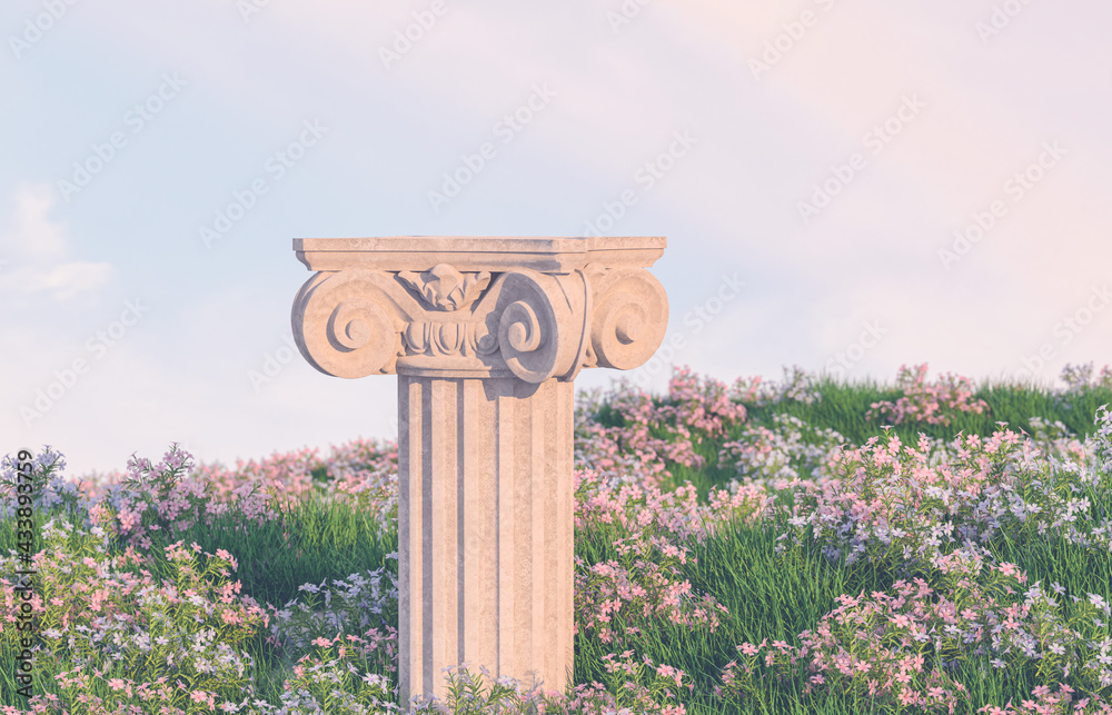 Poster natural beauty podium backdrop with spring flower field scene. 3d rendering.
