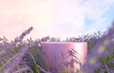 Natural beauty podium backdrop with spring lavender field scene. 3d rendering.  - obrazy, fototapety, plakaty