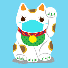 マスク姿の三毛の招き猫 
Calico beckoning cat with surgical mask