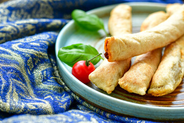 Deep Fried Turkish Cigar Shaped Rolls - Spring roll Sigara Borek.  Fried dough borek   with minced meat