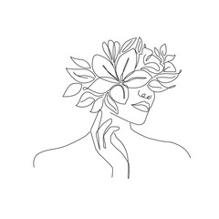 Elegant Woman Face with Flowers One Line Art Style Drawing. Continuous Line Art Minimalist Style for Wall Art, Print, Tattoo, Poster, Textile etc. Floral Female Fashion Face Vector illustration