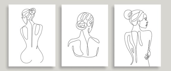 Naked Woman Back Line Art Drawing Black Sketch Isolated on White Background Prints Set. Female Nude Pose Continuous One Line Drawing. Vector Illustration © Наталья Дьячкова