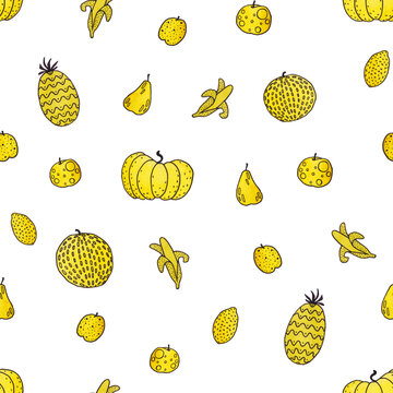 Seamless pattern from set of watercolor illustrations of yellow fruits and berries isolated on white background