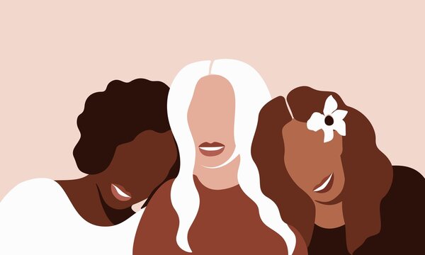 Banner of Women Different Ethnicities Modern Contemporary Style. Females Friendship Concept Abstract Minimalist Drawing. Vector illustration Terracotta and Brown Colors.